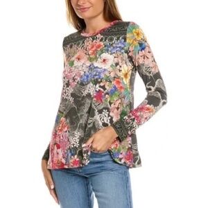 Johnny Was colorful knit Lindana long sleeve swing tee top flowers birds cranes